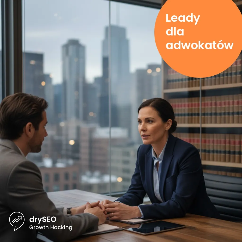 Adwokat i klient rozmawiają przy stole w kancelarii, w tle regał z kodeksami i panorama miasta.