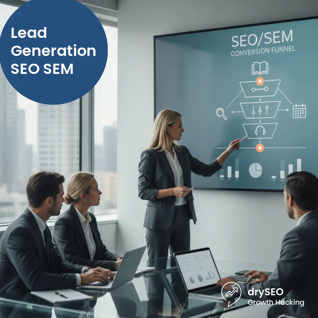 A presenter walks three colleagues through an SEO/SEM conversion-funnel diagram on a screen.